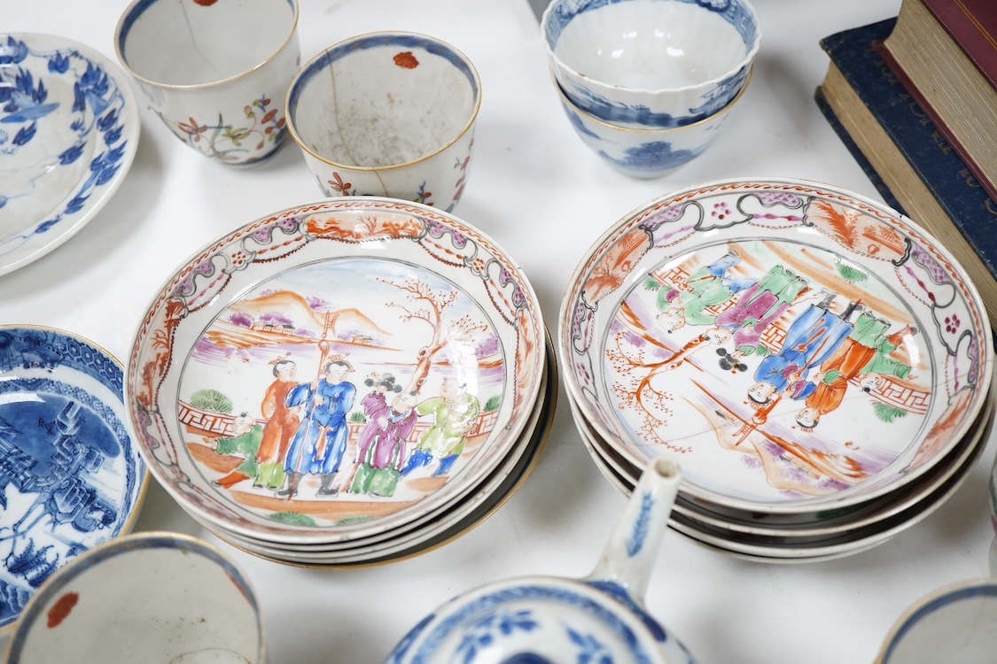 A group of 18th century Chinese export porcelain tea and coffee ware, including Mandarin pattern teapot and cover, two coffee cups and saucers, a blue and white teapot and cover various famille rose coffee cups, etc.